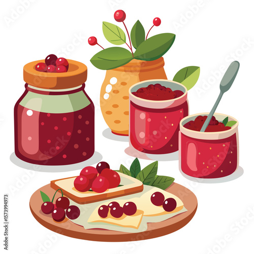 A delightful cartoon vector illustration set features fresh strawberry jam with a jar, perfect for a sweet breakfast or healthy dessert icon design