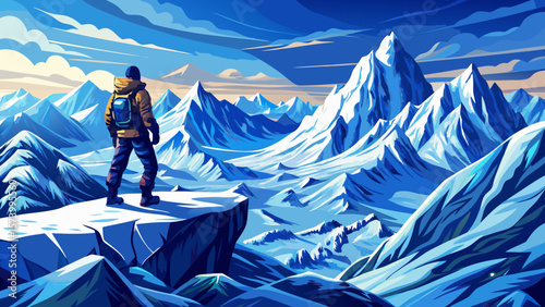 Panoramic view of mountaineer standing on snowy mountain peak, alpine landscape vector, adventure scene, success concept, winter nature, climbing, outdoor exploration, breathtaking summit view