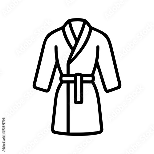 Minimalist black outline vector icon of a bathrobe, symbolizing relaxation, comfort, spa time, and self-care. Isolated on a transparent background