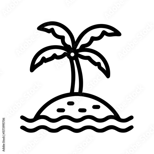 Minimalist black vector icon of an island with a palm tree, symbolizing tropical vacations, relaxation, and remote destinations. Isolated on a transparent background