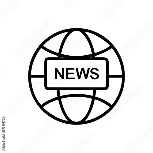 Minimalist black outline vector icon of a globe with "news", symbolizing global communication, journalism, world news, and media coverage. Isolated on a transparent background