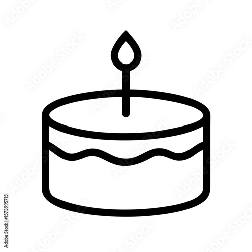 Minimalist black outline vector icon of a single-tier cake with a candle on top, symbolizing birthday celebrations, parties, and festive occasions. Isolated on a transparent background