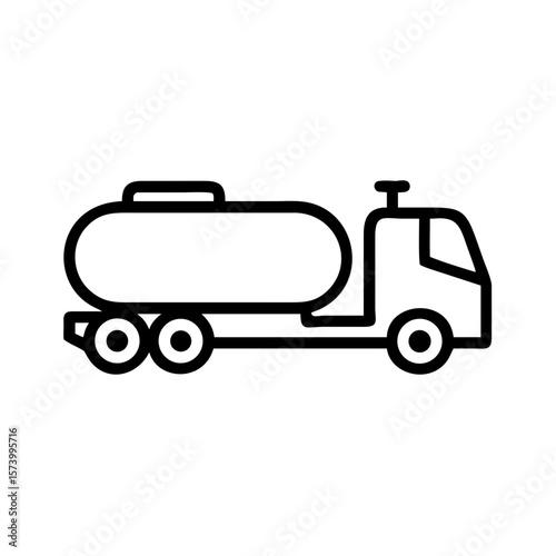 Minimalist black outline vector icon of a fuel truck, symbolizing transportation, fuel delivery, and industrial logistics. Isolated on a transparent background