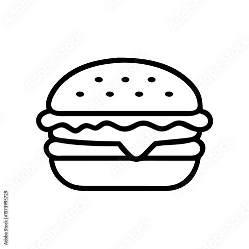 Minimalist black outline vector icon of a burger, symbolizing fast food, casual dining, and quick meals. Isolated on a transparent background