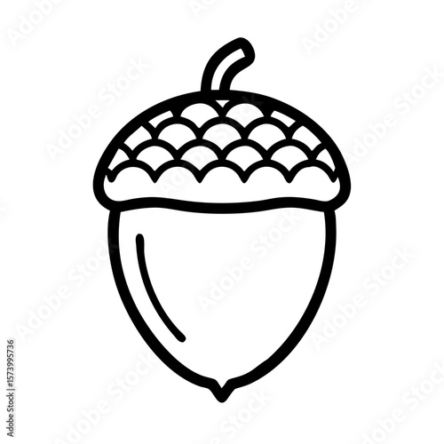 Minimalist black outline vector icon of an acorn, symbolizing autumn, and nature. Isolated on a transparent background.