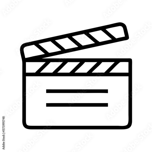 Minimalist black outline vector icon of a clapperboard, symbolizing filmmaking, cinema, video production, and movie industry. Isolated on a transparent background