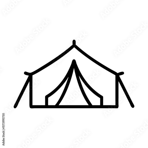 Minimalist black outline vector icon of a tent, symbolizing camping, outdoor adventure, and travel. Isolated on a transparent background