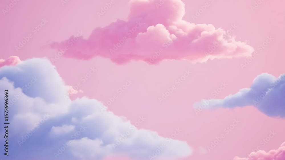 Soft pink sky with pink white and blue clouds in a surreal and whimsical scene