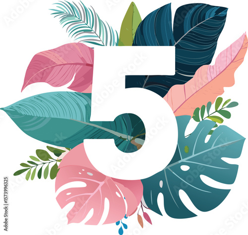 Pastel Abstract Shapes and Hand-Drawn Tropical Leaves with Number 5 – Elegant Botanical Illustration in Soft Tones