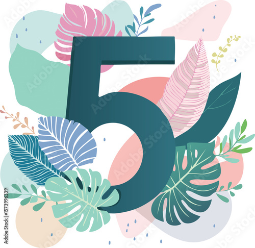 Pastel Abstract Shapes and Hand-Drawn Tropical Leaves with Number 5 – Elegant Botanical Illustration in Soft Tones