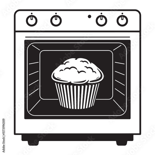 Baking a muffin inside an oven black and white vector illustration for cookbooks and designs