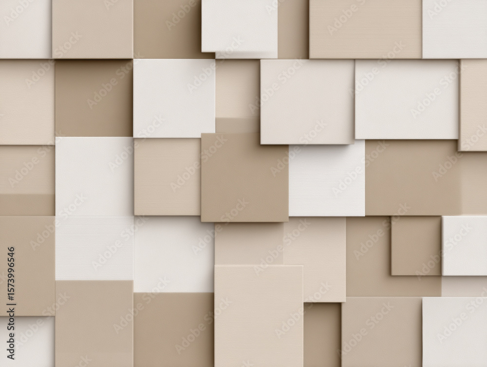 Obraz premium Abstract beige and off-white square panels arranged in a staggered, modern geometric pattern on a wall.