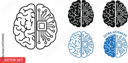 Vector set showing brains with a circuit board on one side of each brain icon