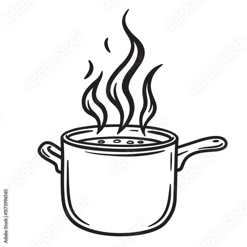 Black and white hand drawn illustration of a cooking pot with steam rising upwards