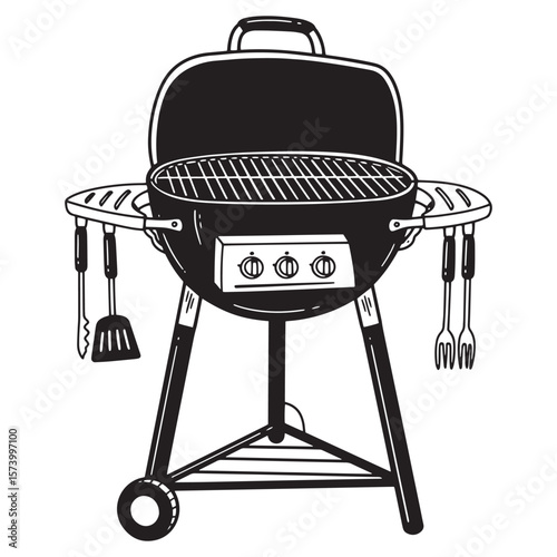 Black and white illustration of a charcoal grill with utensils and cooking tools for summer barbecues