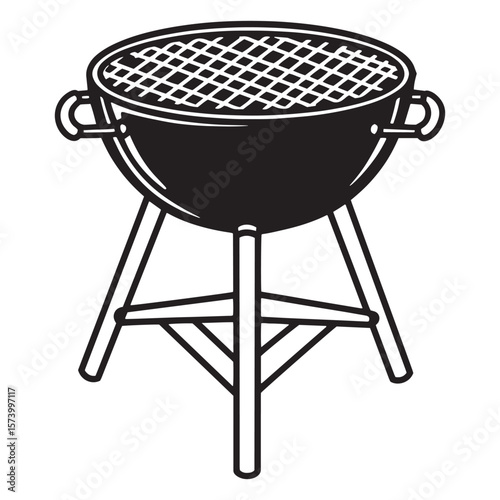 Black and white illustration of a classic round charcoal grill for outdoor cooking