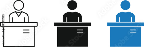 Three icons of a person behind a desk in different colors on a white background