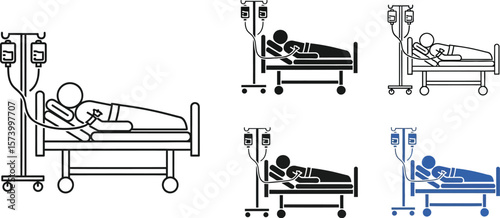 Illustration showing patient lying in hospital bed with iv drip in various styles