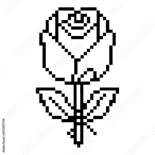 Black pixel outline of a rose with detailed petals and leaves