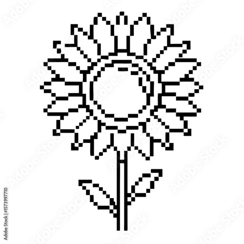 Sunflower illustration in simplified pixel art style with clear details of petals and stem