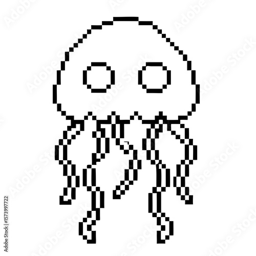 Stylized pixel jellyfish illustration in black outline on a plain background