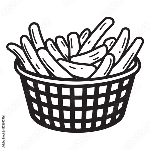 Black and white illustration of crispy french fries served in a woven basket