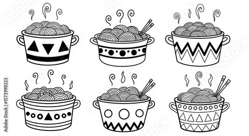 Collection of Decorative Noodle Pots with Geometric Patterns