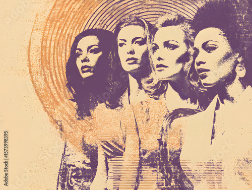 Diverse Group of Confident Women in Stylized Portrait as a retro jazz album cover