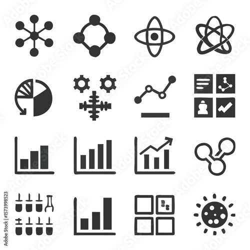 Collection of minimalist vector icons depicting data analysis and scientific concepts