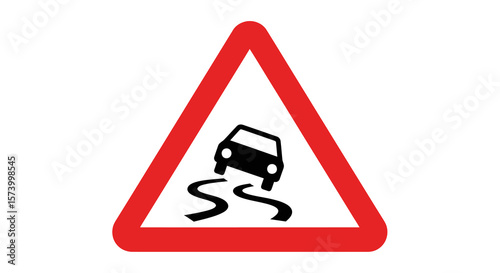 Red Triangle Slippery Road Sign with Black Car Skidding Illustration