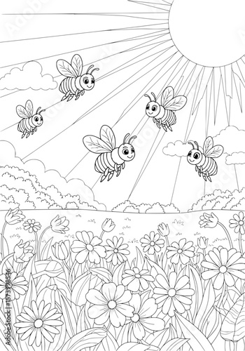 the flight of bees over a blooming meadow. coloring book