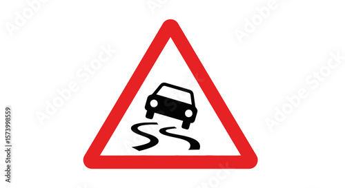 Slippery Road Sign: Red Triangle with Black Car and Skid Marks