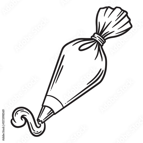 Black and white outline of a pastry bag dispensing icing cream on white background