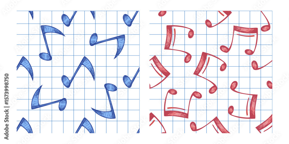Hand drawn sketch style music seamless patterns set. Musical note on grid background. Back to School.