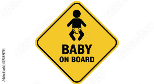 Yellow Diamond-Shaped Baby On Board Sign with Black Icon and Text.