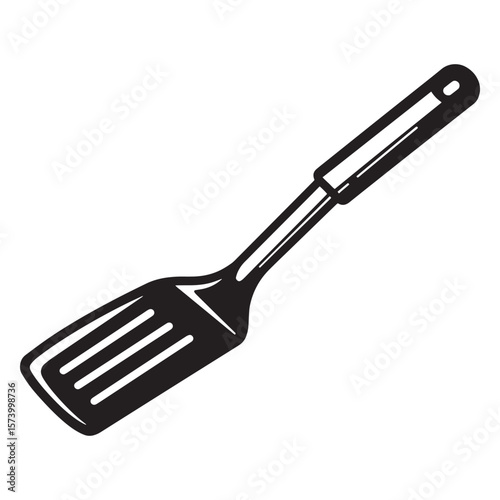 Black and white vector illustration of a slotted spatula isolated on a white background