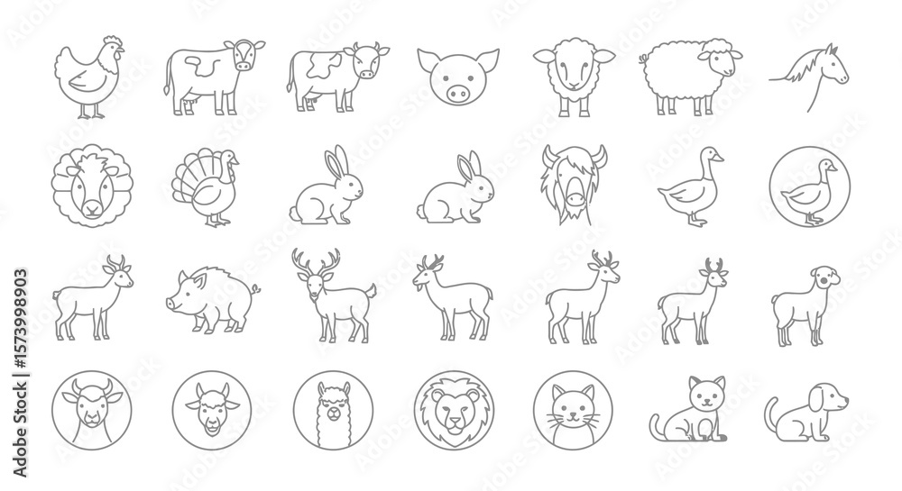 Vector Line Art Illustrations of Various Farm Animals and Wildlife Vector Line Art Illustrations of Various Farm Animals and Wildlife