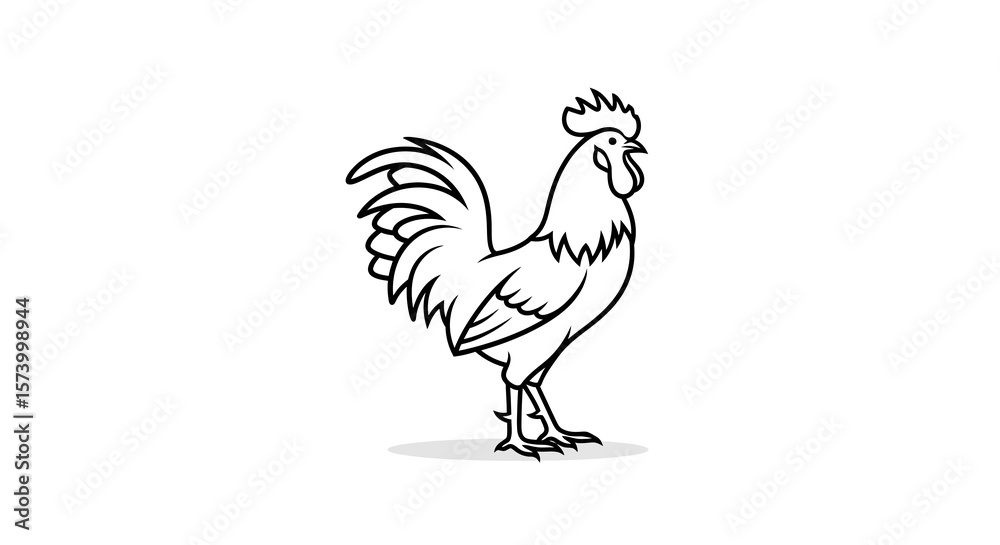 Fototapeta premium Black and White Rooster Illustration Standing Proudly on White Background