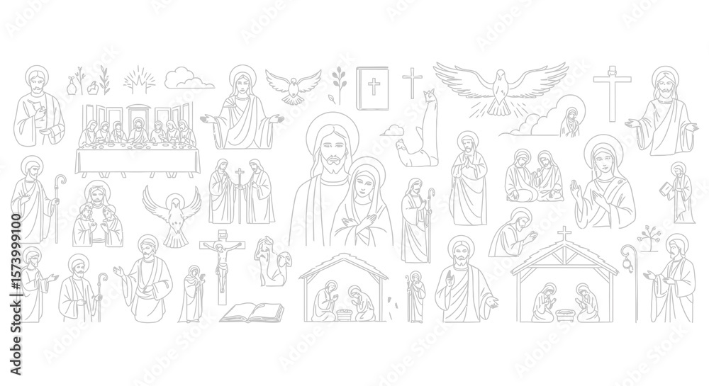 Naklejka premium Christian Religious Figures and Symbols in Light Gray Outline