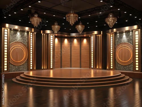 Luxurious empty stage with tiered wooden platform and ornate chandeliers