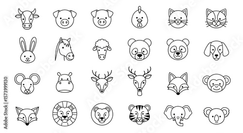 Collection of Simple Black and White Animal Head Outlines on White Background