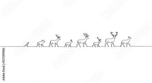 Continuous Line Drawing of Bird and Deer Evolution on White Background