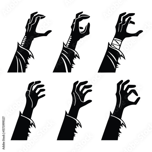 A black and white silhouette illustration featuring six different zombie or monster hands and forearms reaching upwards. The hands appear gnarled and claw-like, with some showing tattered sleeves.