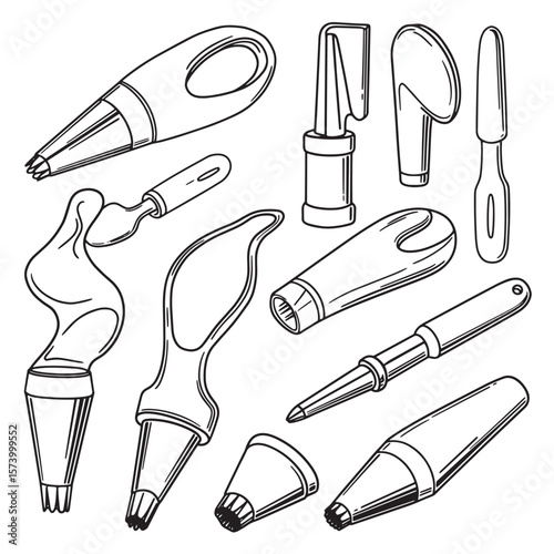 Collection of hand drawn pastry decorating tools in black and white isolated on white