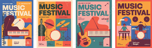 Festive Music Festival Illustration for Poster or Flyer, Showcasing Musicians, Drums, Synthesizer, Cello, Tape Recorder, and Vibrant Crowd for Concert or Party Events.

