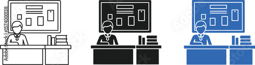 Three illustrations of a person at a desk with a board and books behind them