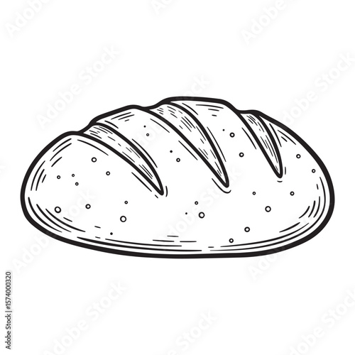 Hand drawn black and white illustration of a freshly baked loaf of sourdough bread