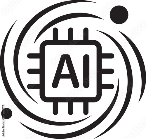 The AI technology represented by a central processing unit surrounded by swirling graphic elements. The central processing unit has "AI" on its surface. 