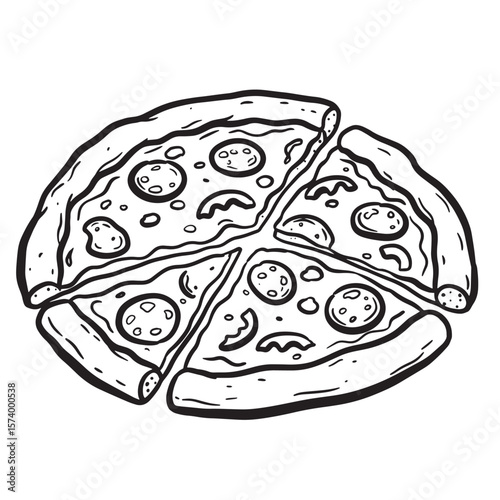 Hand drawn black and white pizza illustration depicting four slices of delicious italian food