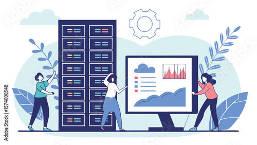 Cloud Computing Technology and Data Center Storage – Administrator and Developer Team Monitoring Cloud Server Dashboard (AI Generated)